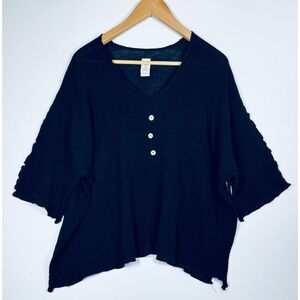 GARB Gauze Top Medium Black Cotton Oversized Boho Lagenlook Made in USA V Neck